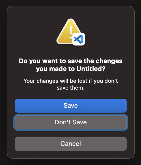 Save changes dialog with keyboard navigation enabled, showing focus ring on Don't Save